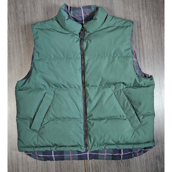 VINTAGE Eddie Bauer Vest Mens Large Green Goose Down Reversible Full Zip Plaid - Picture 1 of 9